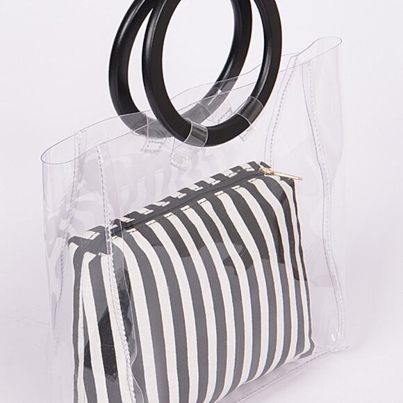 Clear Transparent Tote & Striped Make-Up Case - Bag in Bag - 2 for 1- NWT - Picture 1 of 6